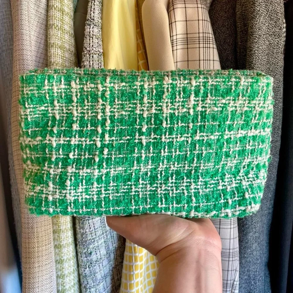 Mario Badescu green and white tweed makeup bag